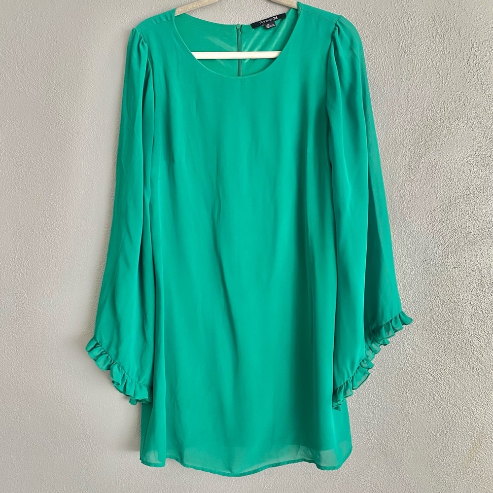 Forever 21 Dress Size Large Green Long Sleeves Ruffle Trim Career Party Wedding